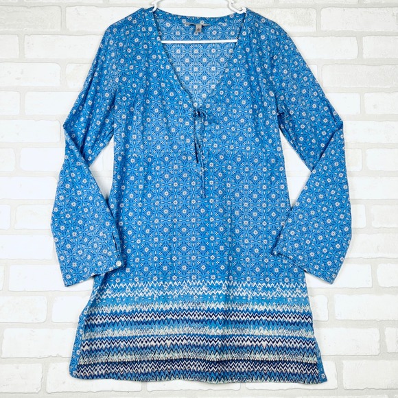 Athleta Blue Print Tunic Top Long Sleeve V Neck Swim Cover Up Womens Medium - Picture 1 of 14